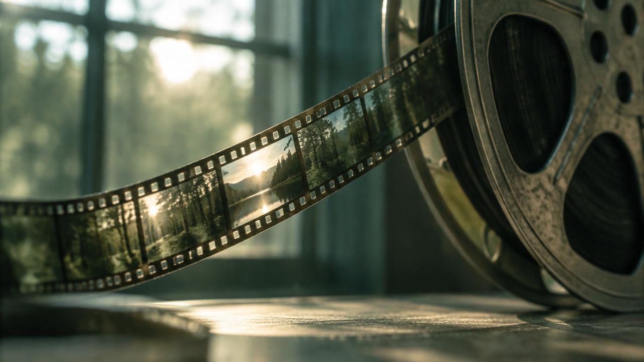Filmstreifen läuft im Gegenlicht von einer alten Filmspule