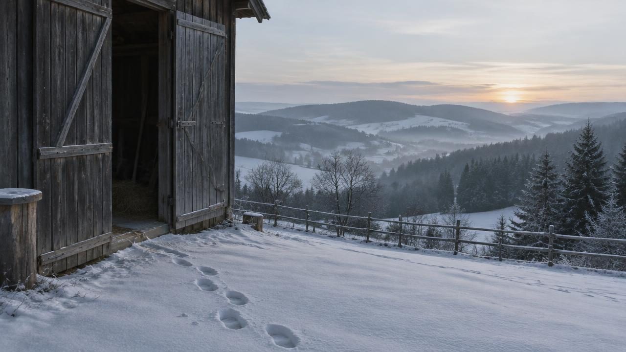 Fußspuren im Neuschnee führen von einem offenen Scheunentor weg
