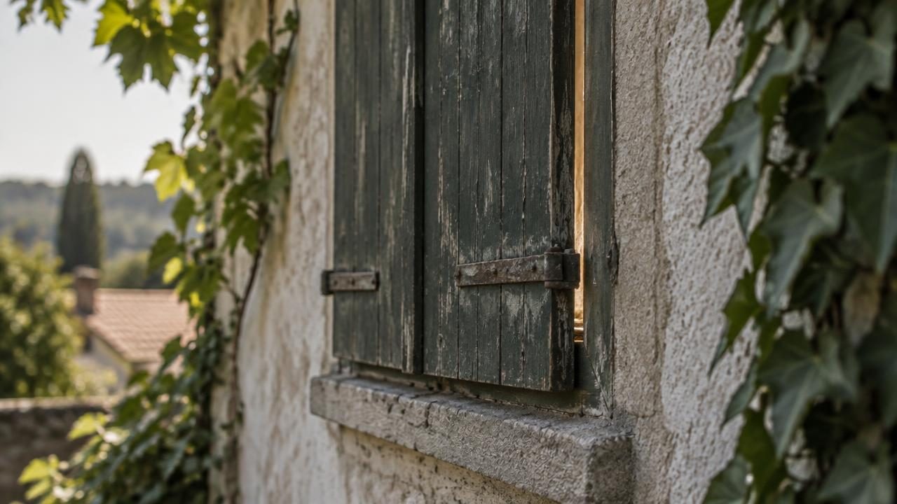 Geschlossener hölzerner Fensterladen an einem Haus im Dorf, durch den Spalt fällt ein schmaler Streifen Morgenlicht auf die Hauswand
