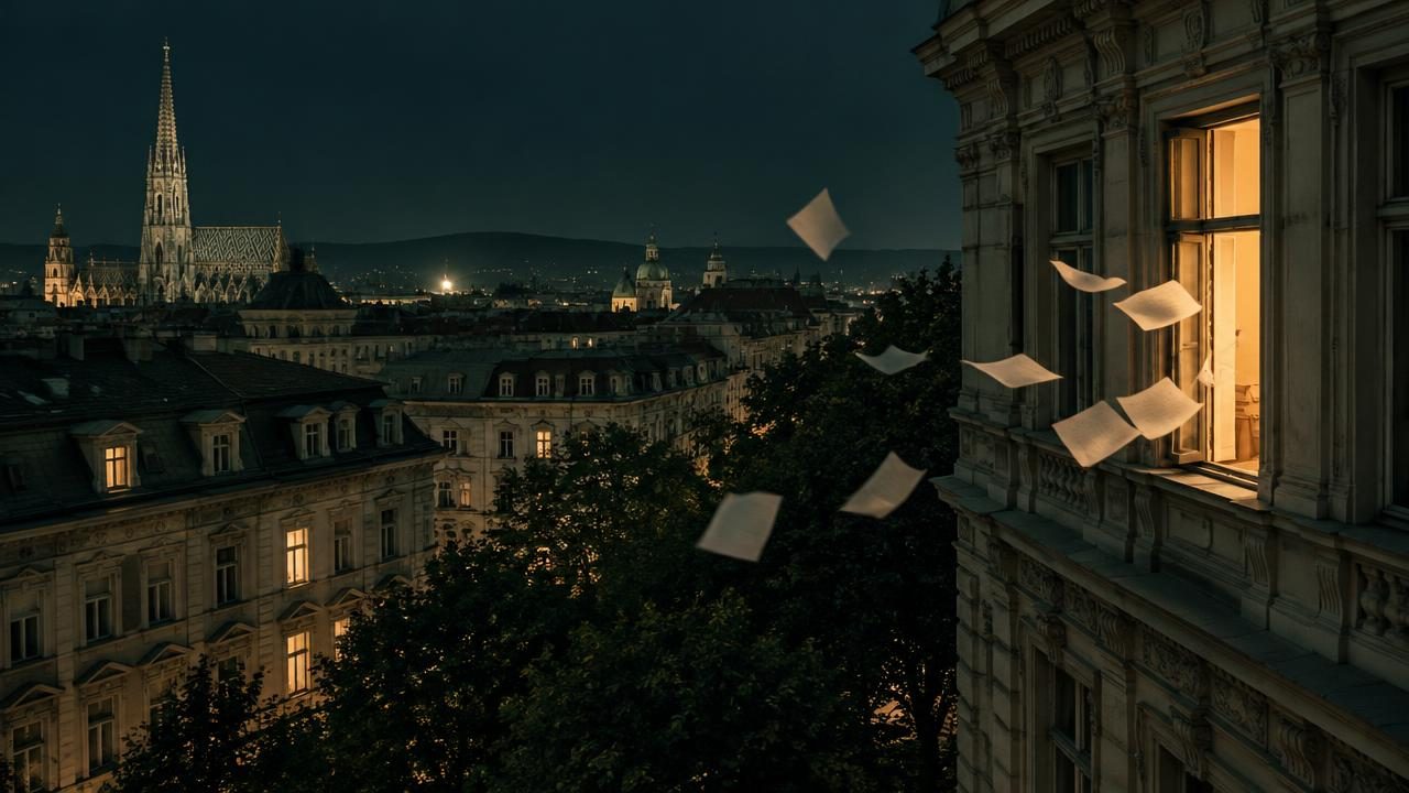 Wiener Gründerzeitfassaden bei Nacht, aus einem erleuchteten Fenster fliegen Papierblätter in den Wind