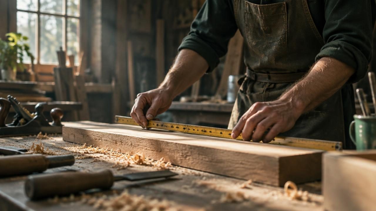 Hände messen in einer Tischlerwerkstatt ein Brett mit dem Zollstock ab, Licht fällt durch Holzstaub