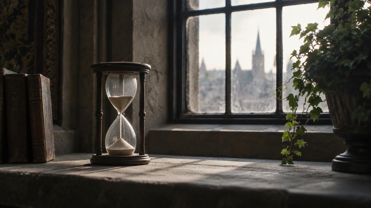 Sanduhr auf dem Fensterbrett eines alten Rathauses