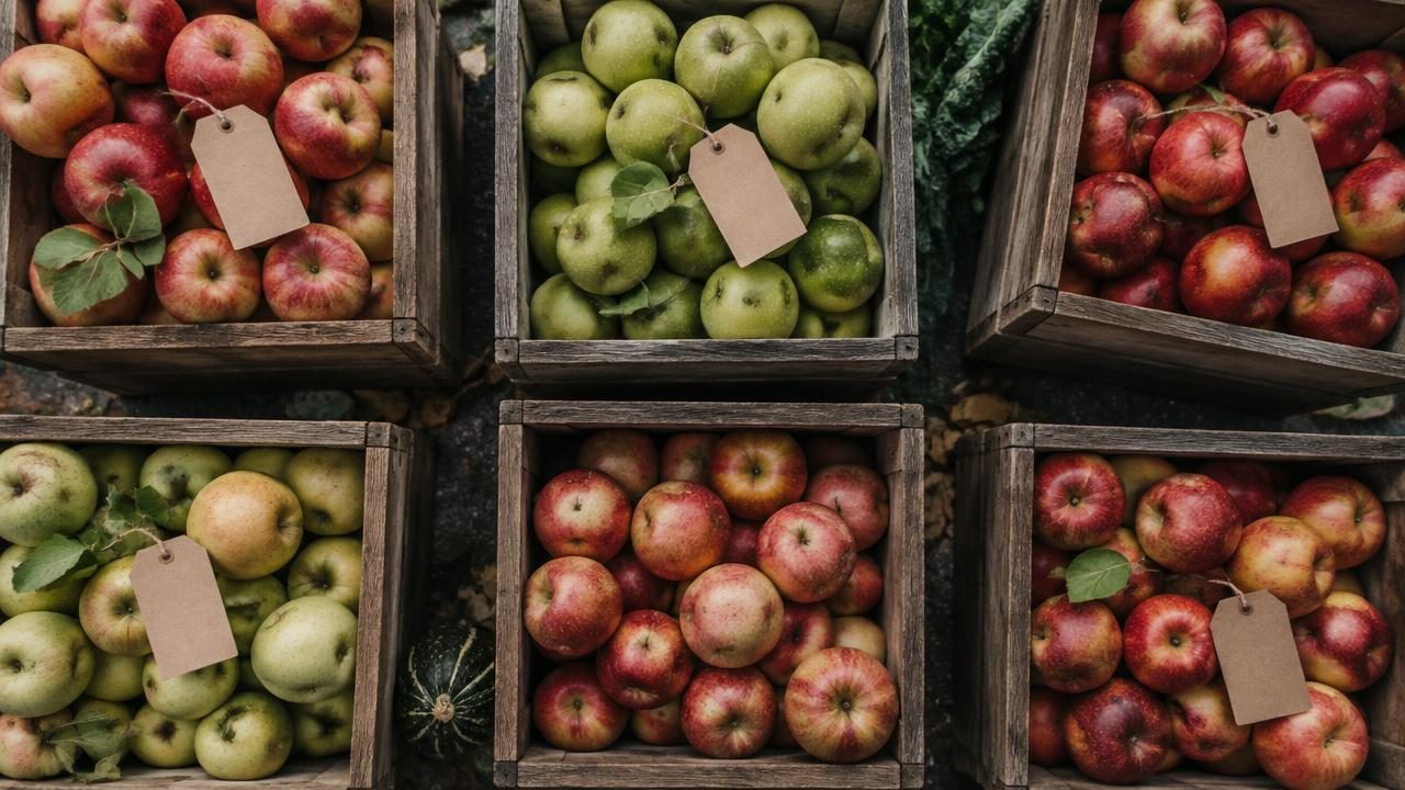Apfelkisten auf einem Markt von oben, mit leeren Etiketten