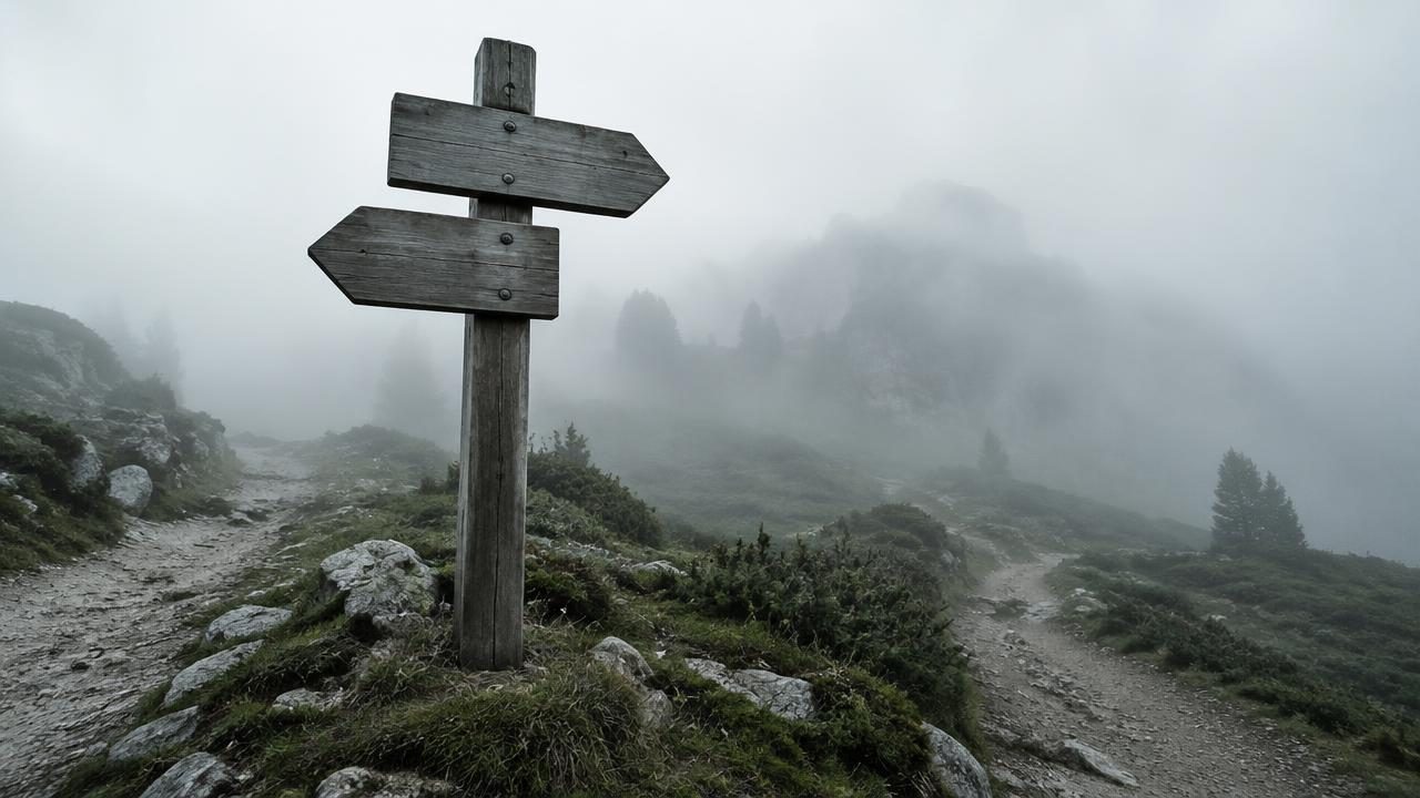 Hölzerner Wegweiser ohne Schrift an einer Weggabelung im alpinen Nebel