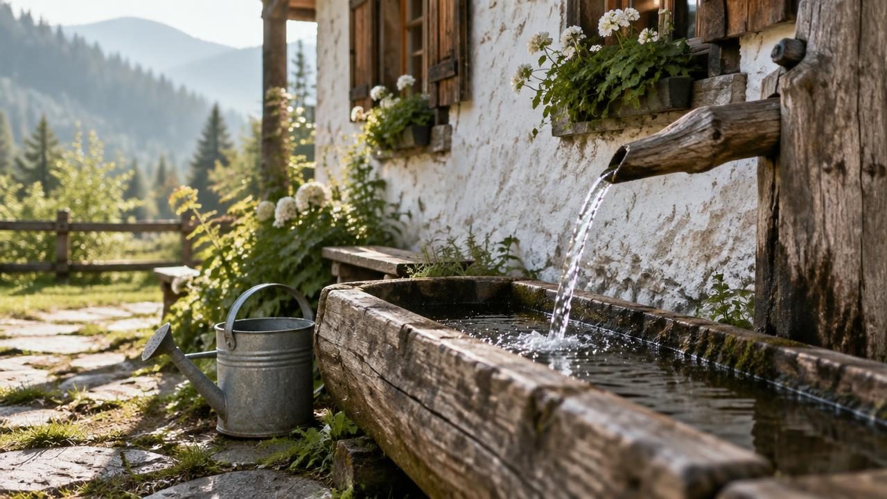 Ein Holzbrunnen mit fließendem Wasser vor einer Bauernhauswand im Morgenlicht, daneben eine Gießkanne aus Zink