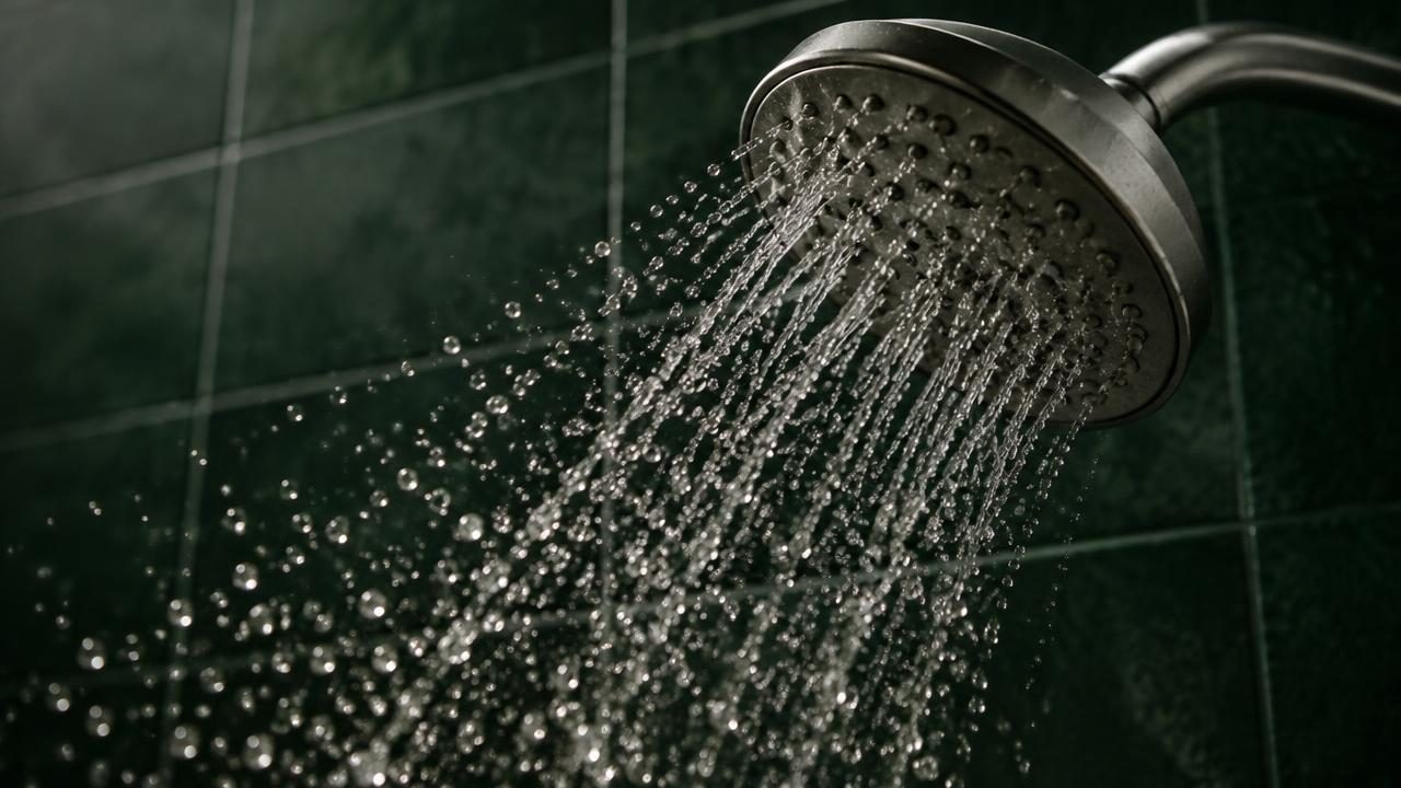 Wassertropfen aus einem Duschkopf im Gegenlicht