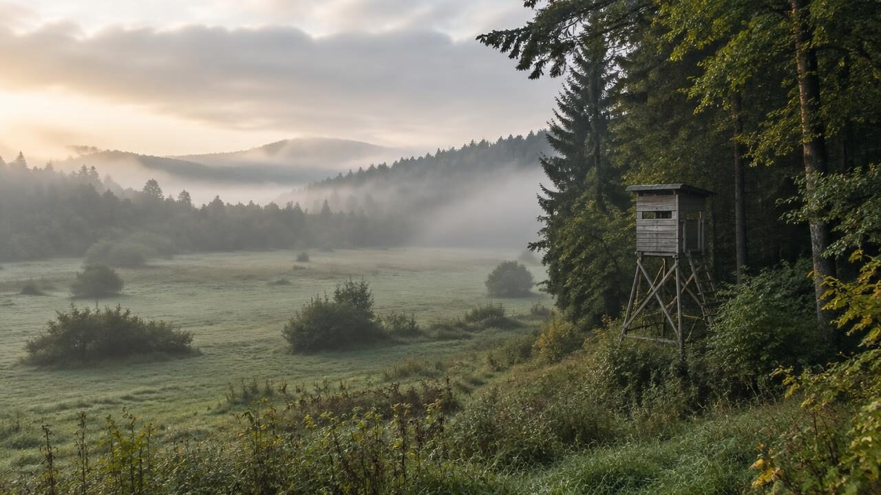 Hölzerner Hochstand am Waldrand im Morgendunst, davor eine weite Lichtung