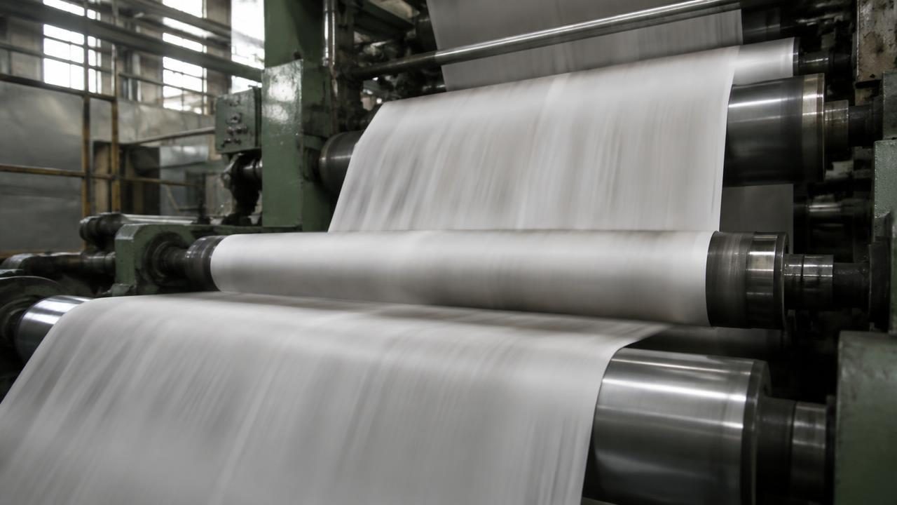 Papierbahn läuft durch die Walzen einer Zeitungsdruckmaschine