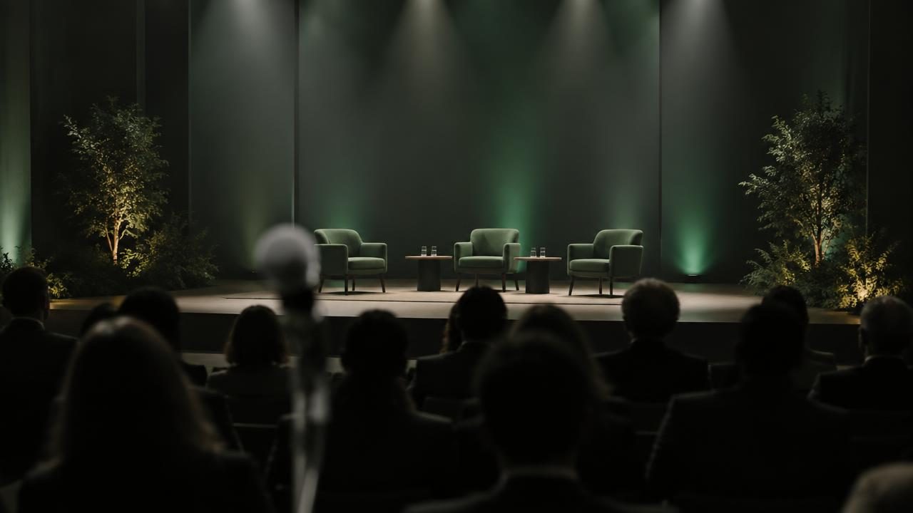 Konferenzbühne im Scheinwerferlicht, Mikrofon unscharf im Vordergrund, Publikum als Silhouetten
