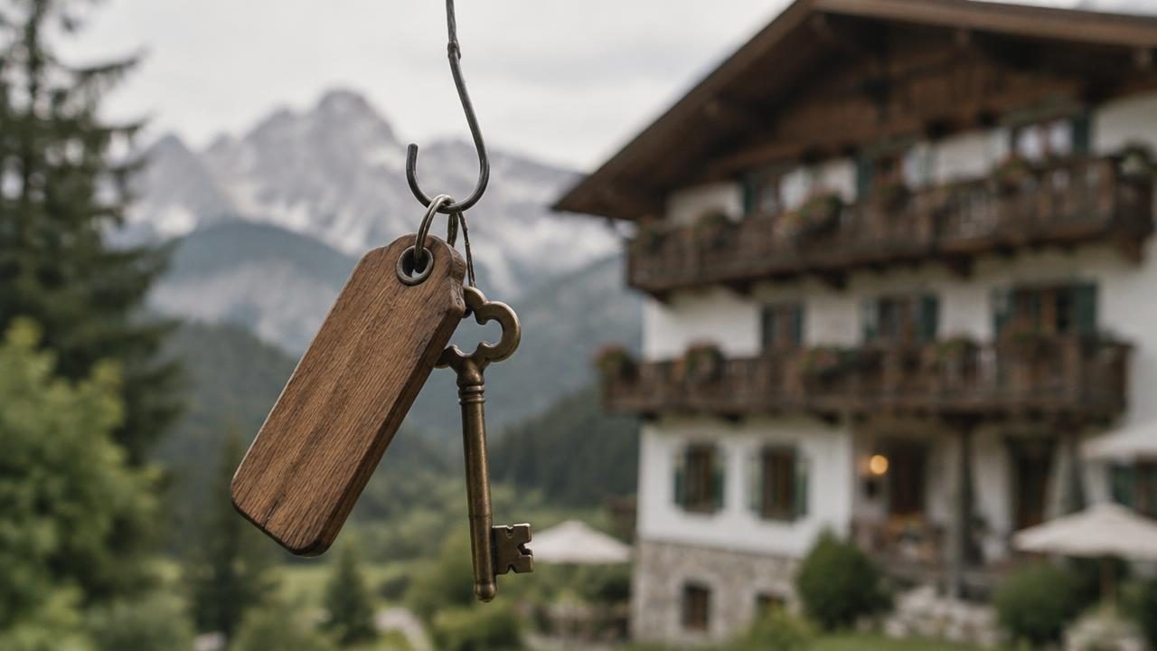 Alter Zimmerschlüssel mit Holzanhänger an einem Angelhaken, dahinter unscharf eine alpine Pension