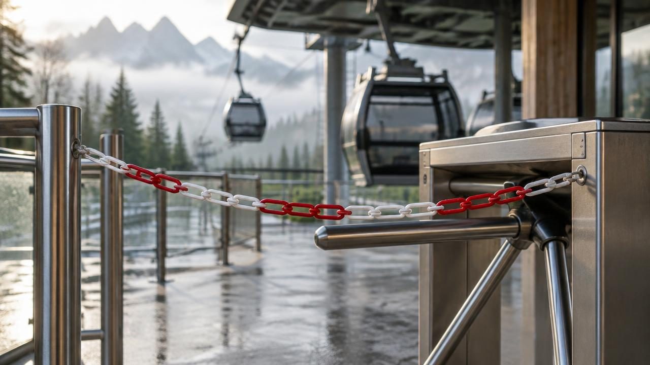 Ein Drehkreuz an der Talstation einer Bergbahn ist mit einer rot-weißen Kette kurz gesperrt, dahinter hängen die Gondeln still im Morgennebel