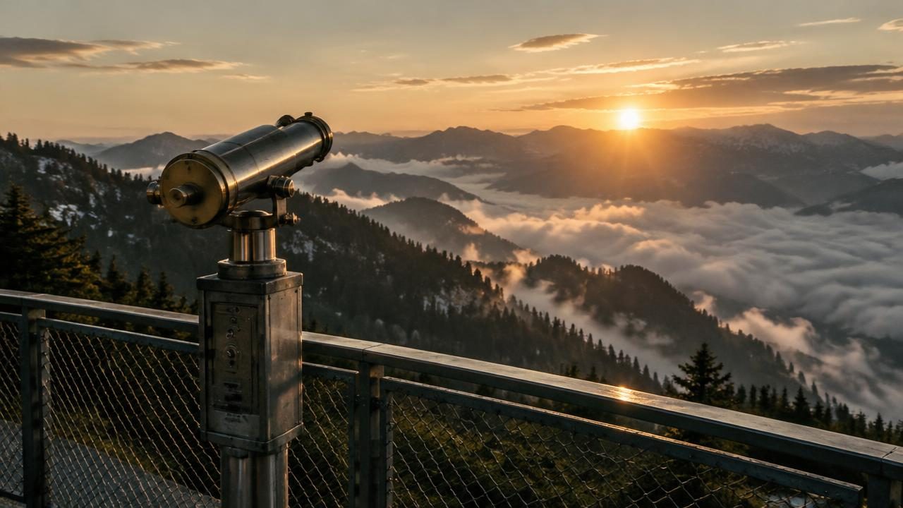 Aussichtsfernrohr über einem Wolkenmeer in den Alpen